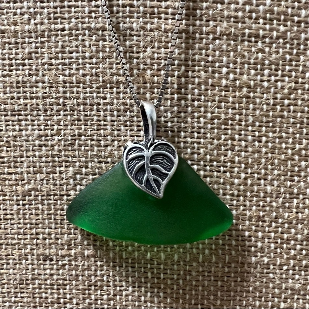 Hand Crafted Kelly Green Sea Glass Necklace Pendant with a Silver Leaf Bail